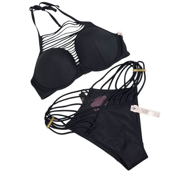 NWT VS STRAPPY PUSH UP TOP 36D & STRAPPY BRAZILIAN BIKINI BOTTOM SWIMSUIT SET XL - Picture 1 of 11